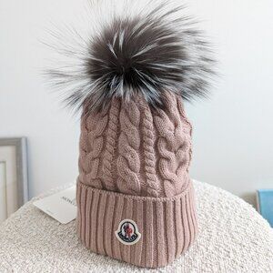 Moncler Pink Silver Fox Pom-Pom Beanie - Womens